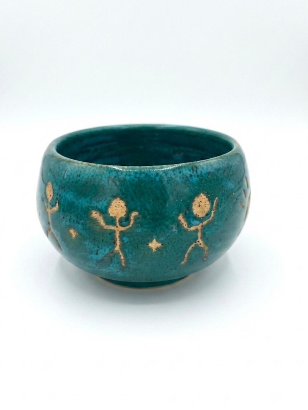 Vintage Southwest Studio Pottery Teal Glazed Kokopelli Tribal Bowl Celestial
